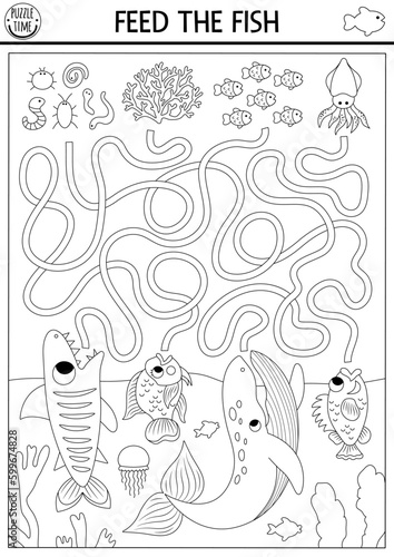 Under the sea black and white maze for kids with turtle, whale, shark, bass, parrotfish. Ocean line preschool activity with fishes, food. Water labyrinth game, coloring page. Feed the fish.