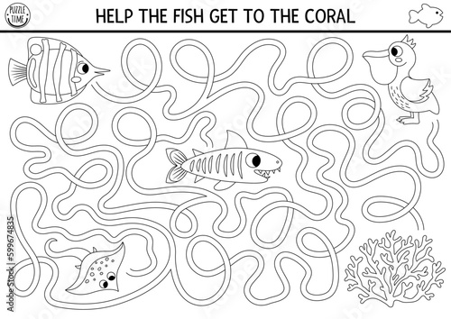 Under the sea black and white maze for kids with shark, pelican, coral, rayfish. Ocean line preschool printable activity. Water labyrinth gam, coloring page. Help the butterfly fish get to the coral.