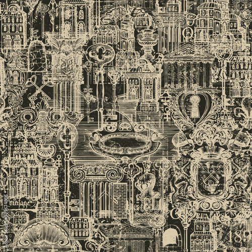Abstract Seamless pattern on ancient architecture and art. Hand-drawn vector background with vintage buildings, architectural elements, coat of arms and old keys. Wallpaper, fabric