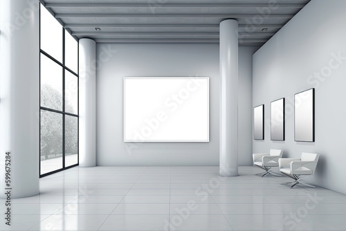 corporate branding white empty frame with modern business offices background or white industrial hall - Generative AI