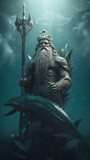 The concept of the symbolism of the planets in Astrology. Old man with a staff in the sea waves as the king of the underwater kingdom, a symbol of the planet Neptune
