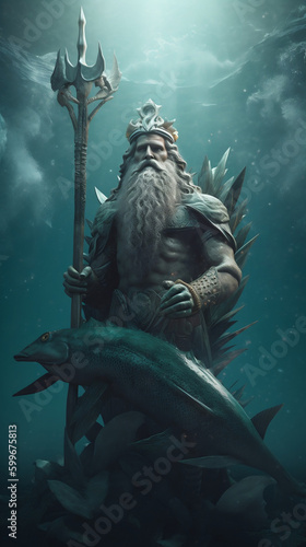 The concept of the symbolism of the planets in Astrology. Old man with a staff in the sea waves as the king of the underwater kingdom, a symbol of the planet Neptune photo