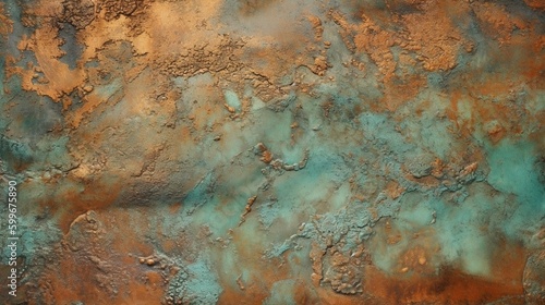 old copper. green and blue copper patina. Close-up Oxidized Copper Textured Wall. Generative Ai.
