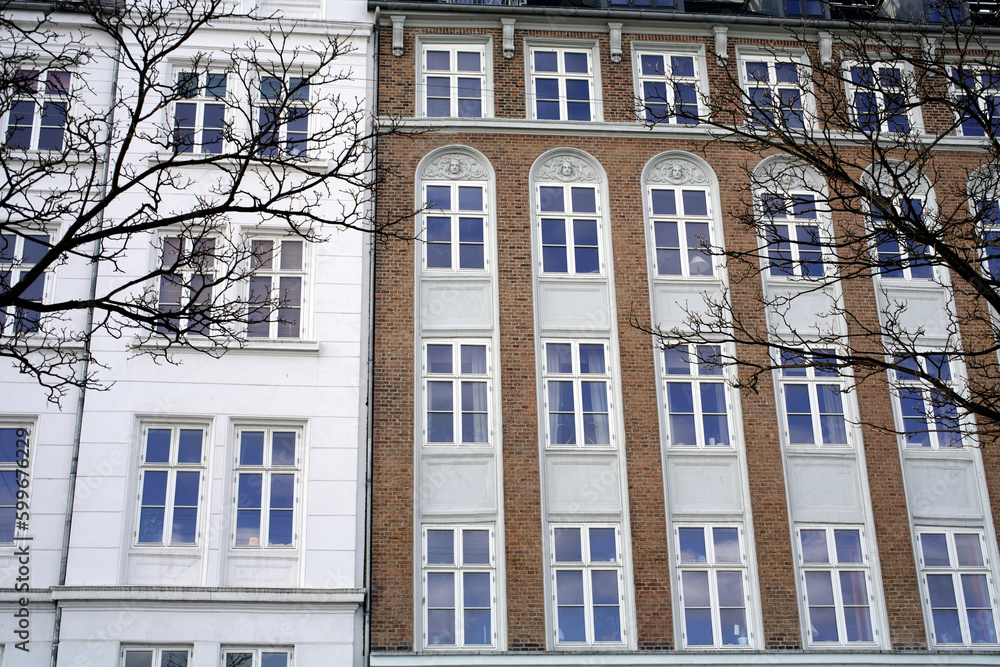 Front view of a large brick appartment building - Copenhagen - Denmark