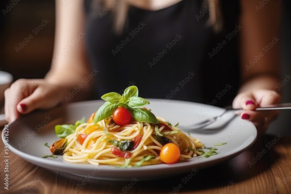 Spaghetti pasta with cherry tomatoes and fresh basil AI generative art Spaghetti pasta with cherry tomatoes and fresh basil AI generative art