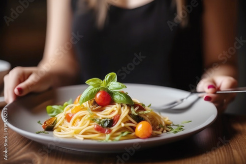Spaghetti pasta with cherry tomatoes and fresh basil AI generative art