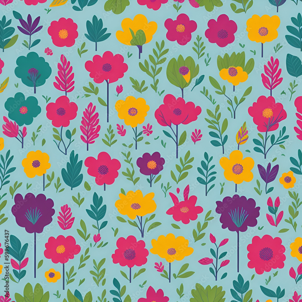 Seamless patterns of flowers and trees, rainbow themed, repeating patterns design, fabric art, flat illustration