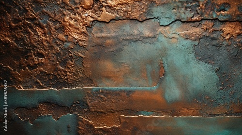 old copper. green and blue copper patina. Close-up Oxidized Copper Textured Wall. Generative Ai.