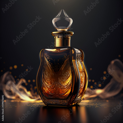 Perfume bottle on black background. Ai generation.