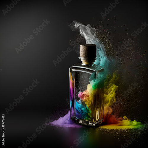 Colourful bottle of perfume on a black. Ai generation.