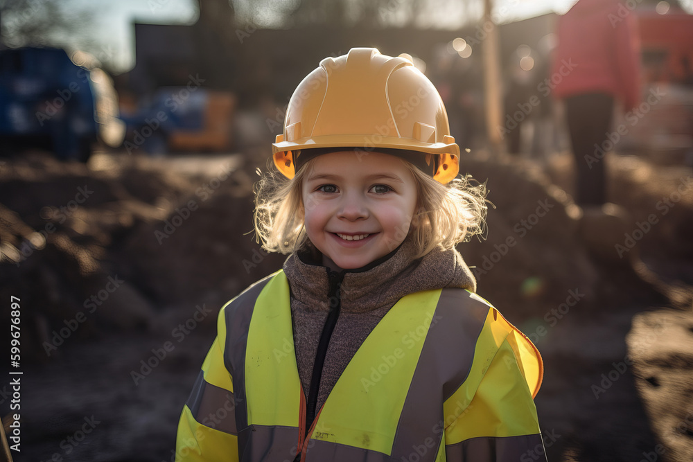 Portrait of a child construction worker wearing hard hat. Generative ai. Portrait of a child construction worker wearing hard hat. Generative ai.