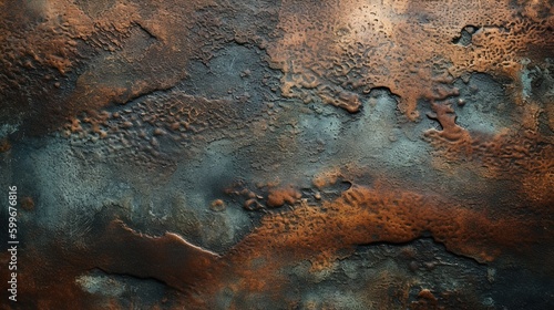 old copper. green and blue copper patina. Close-up Oxidized Copper Textured Wall. Generative Ai.