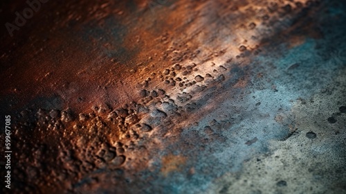 old copper. green and blue copper patina. Close-up Oxidized Copper Textured Wall. Generative Ai.
