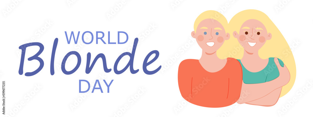 World blonde day poster with light haired man and woman. May 31. Blonde boy and girl in non stereotype colors. Horizontal banner template. Vector illustration