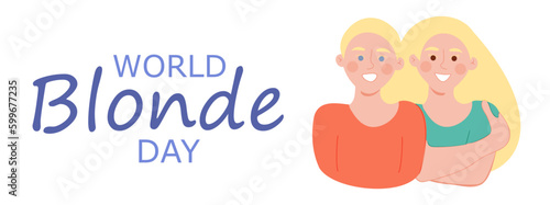 World blonde day poster with light haired man and woman. May 31. Blonde boy and girl in non stereotype colors. Horizontal banner template. Vector illustration