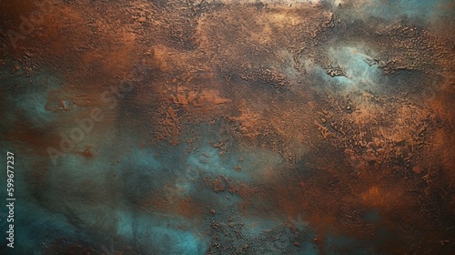 old copper. green and blue copper patina. Close-up Oxidized Copper Textured Wall. Generative Ai.