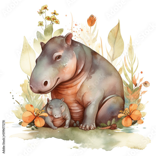 Mom and Baby Hippo Watercolor PNG art for Sublimation Design, Generative AI