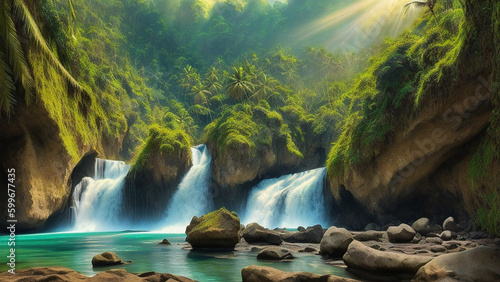 Beautiful waterfall nature scenery of colorful deep forest in summer day  painting  Generative AI illustrations