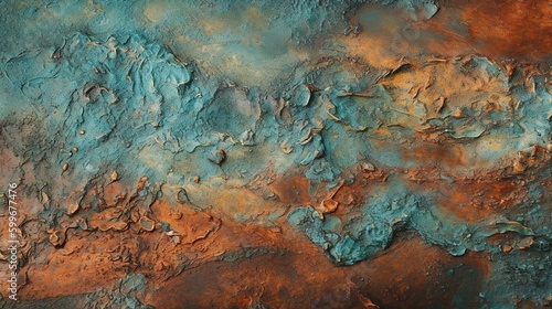 old copper. green and blue copper patina. Close-up Oxidized Copper Textured Wall. Generative Ai.