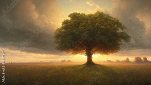 wide angle shot of a single tree growing under a clouded sky during a sunset surrounded by grass, painting, Generative AI illustrations