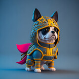 An isometric view of a cute surreal dog MINI, dressed as a samurai