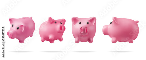 3D Piggy Bank Set Isolated. Render Plastic Piggy Bank Collection for Money. Moneybox in Form of Pig. Concept of Cash Money, Business Deposit Investment, Financial Savings. Vector Illustration