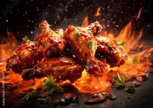 chicken meat hot wings front of the flames award winning food, Generative Ai