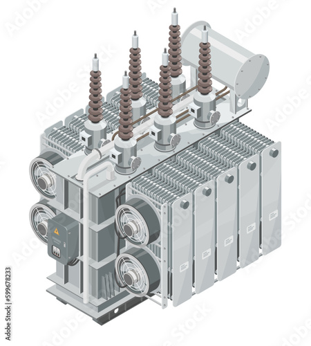 Industrial Power Transformer isometric Electric Power Energy machine working concept cartoon isolated vector