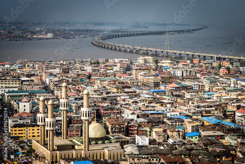 High angle view of buildings in the city of Lagos Island, Nigeria photo
