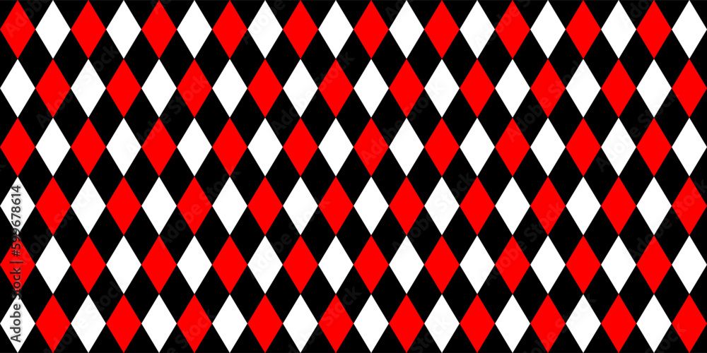 Harlequin seamless pattern in red, black and white colors. Argyle classic fabric design. Diamond or lozenge simple background. Joker geometric vector wallpaper. Venetian rhombus carnival ornament.