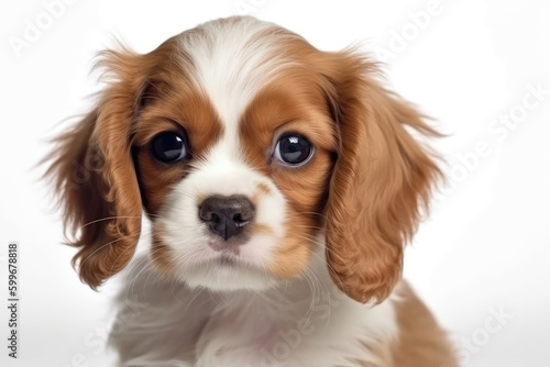 Cavalier King Charles Spaniel Dog Puppy On White Background. Generative AI