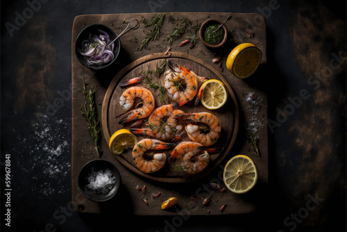 shrimps on a wooden tray on a dark background with rosem, Generative Ai