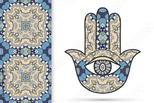 Boho hamsa hand, protection amulet, symbol of strength and happiness with seamless geometric pattern. Abstract graphic background, vertical floral doodle pattern, vector illustration