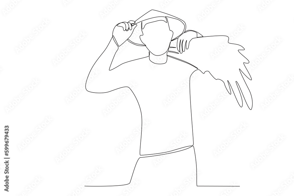 Obraz premium A man holds a rice harvest on his shoulder. Farmer one-line drawing