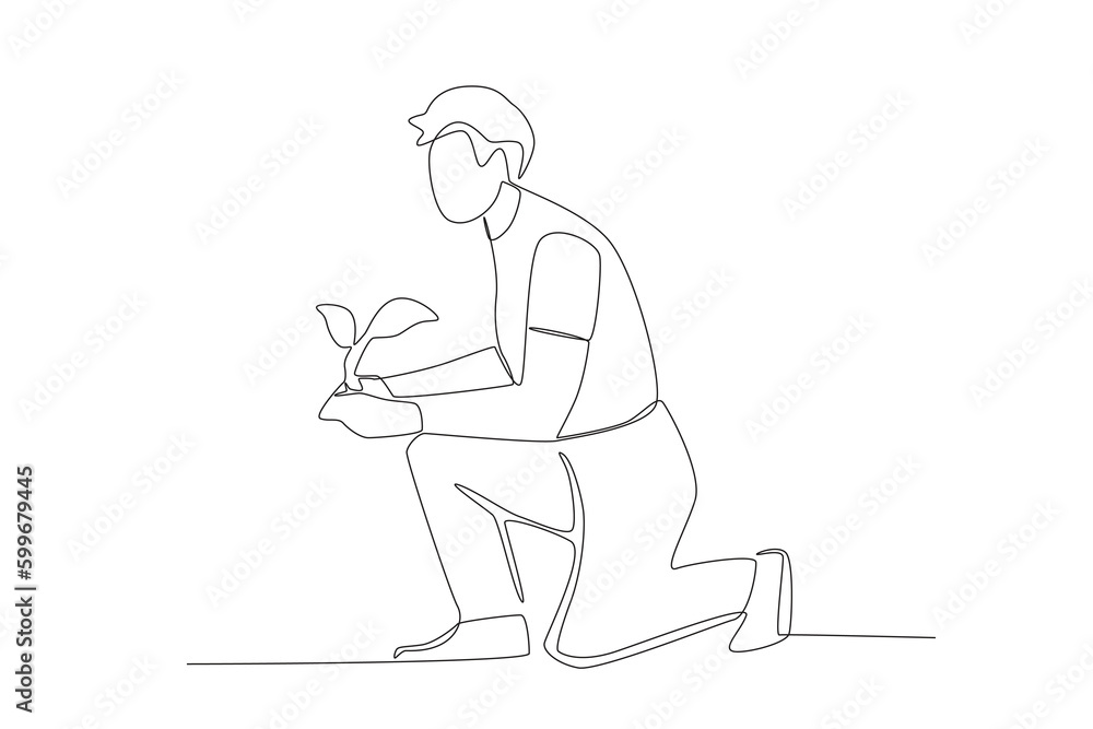 A man preparing to plant. Farmer one-line drawing A man preparing to plant. Farmer one-line drawing