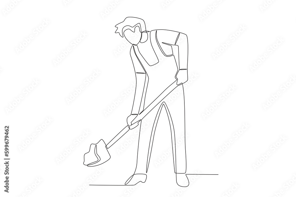 A man hoeing in the field. Farmer one-line drawing A man hoeing in the field. Farmer one-line drawing