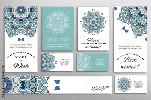Big set of greeting Cards or wedding Invitations. Postcards template with inscription Make a Wish  Best Wishes  Happy Birthday. Banner  business cards with mandala ornament. Isolated design elements