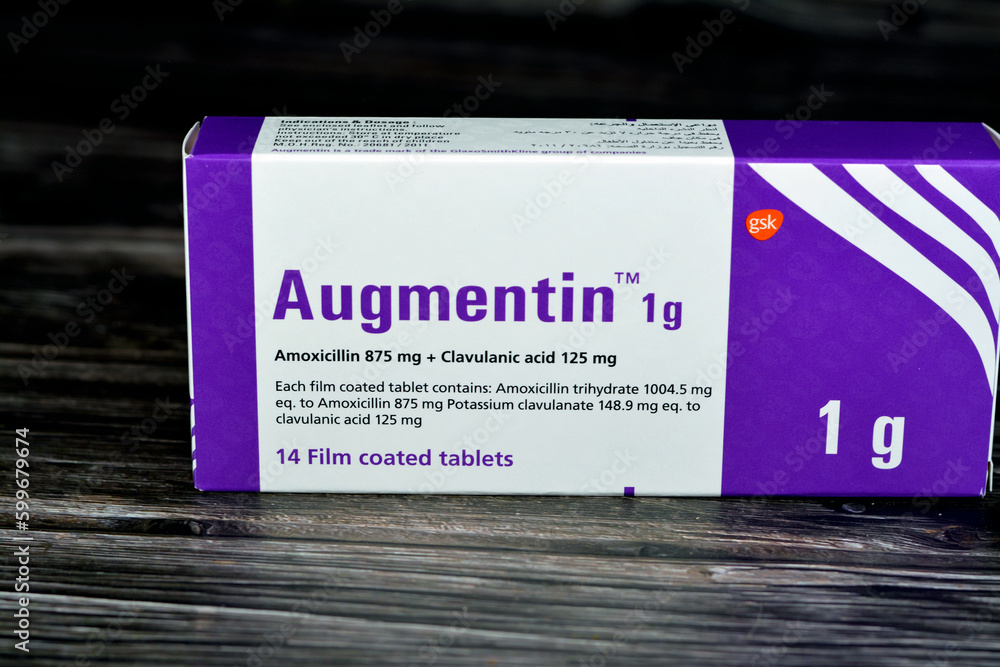 Cairo, Egypt, May 4 2023 Augmentin 1g tablets, amoxicillin and