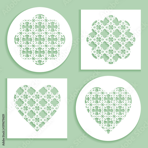 Templates for laser cutting, plotter cutting, printing. Heart and flower shape line pattern. Geometric design cut out of paper. Mandala die cut ornament. Fretwork panels, cutout silhouette stencils