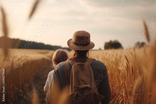 illustration, father with his son walking through the grass in the field, ai generative