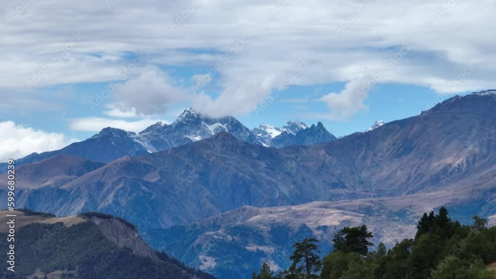 Aerial video on a sunny day over the Georgia Caucasus Mountains 