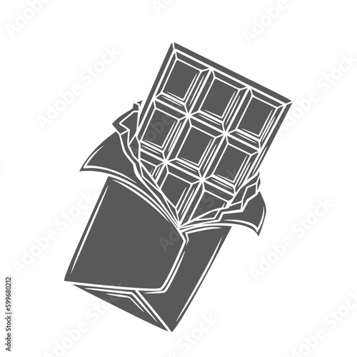 Chocolate bar in package glyph icon vector illustration. Stamp of whole open dark or milk cocoa tablet, square envelope of foil or paper wrapper cover for protection of candy confectionery snack