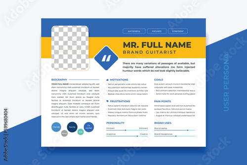 User Persona Document Template Vector Illustration. Examples of User Personas template. Persona Document. Persona Template for UI UX designer. User Persona vector horizontal template with double color