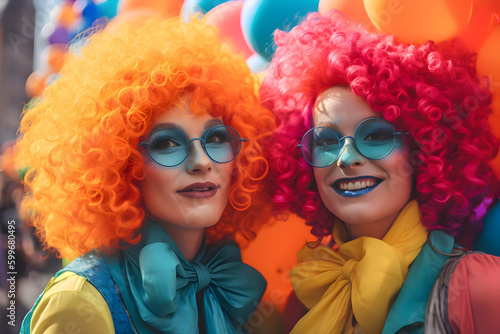 Women with colored hair among balloons at the LGBT parade, pride month, Generative AI 1