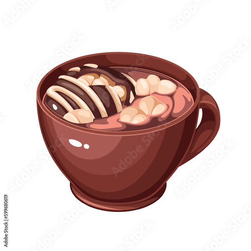 Chocolate bomb and marshmallows in mug vector illustration. Cartoon isolated brown bowl with cocoa or coffee hot drink and melting candy cake, cute sweet choco beverage for dessert on holidays
