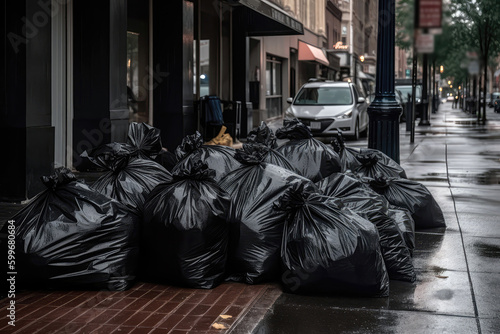 Pile Of Garbage Bags Overflowing On City Sidewalk. Generative AI