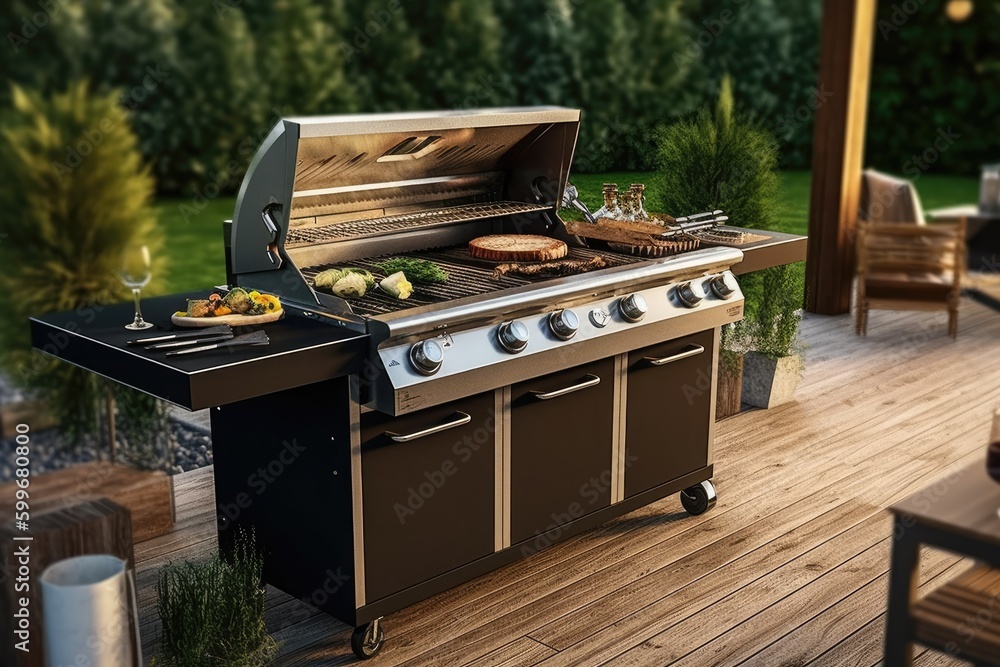 gas grill, featuring multiple burners and heat zones for efficient and versatile cooking, perfect for hosting large barbecue parties - Generative AI