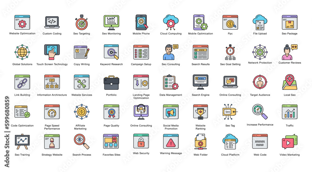 Web & SEO Color Line Iconset Website Marketing Filled Outline Icon Bundle 