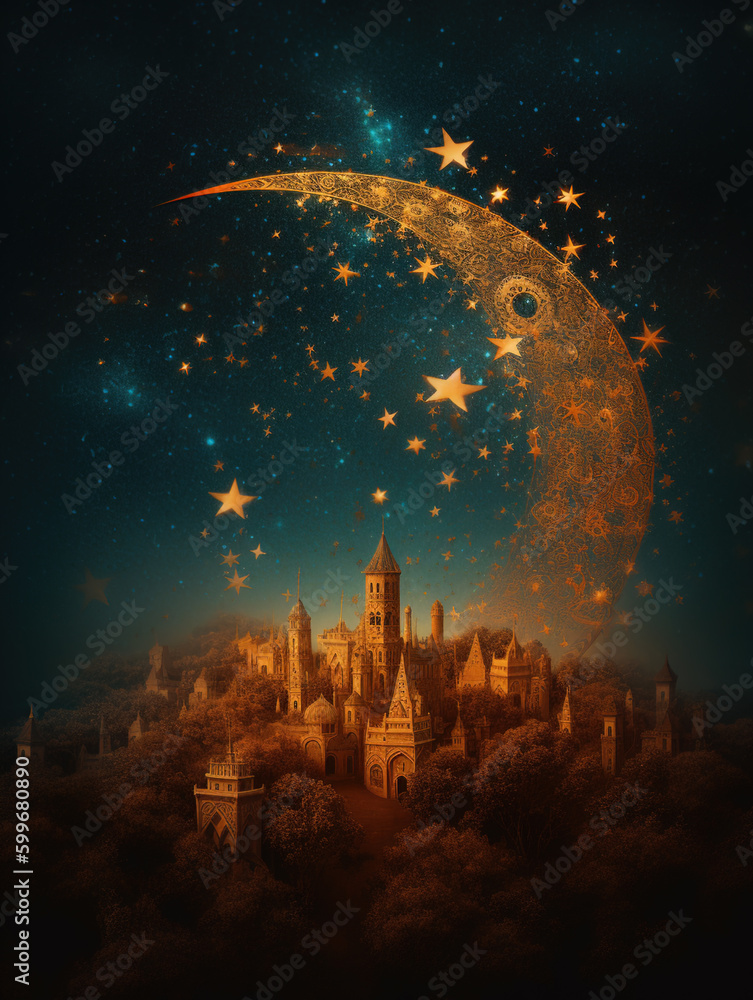 Naklejka premium Generative AI: frame with flowers, celestial trendy linear style, mystical borders,