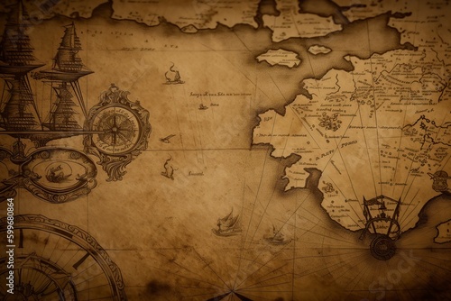 illustration, ancient medieval nautical map, ai generative